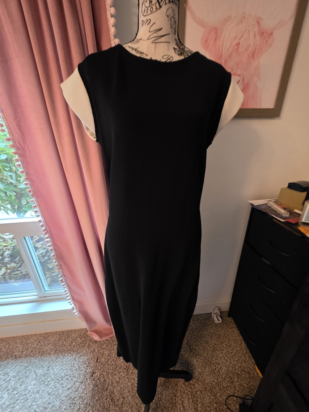 Escada Black Midi Fitted Dress with White Cap Sleeves